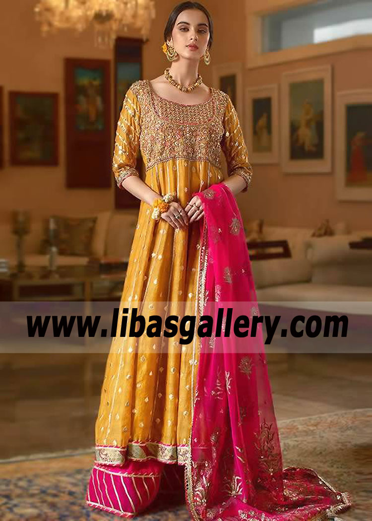 Latest Anarkali Sharara Design for Mehndi Mayon Paris France Anarkali Sharara Dress Pakistani