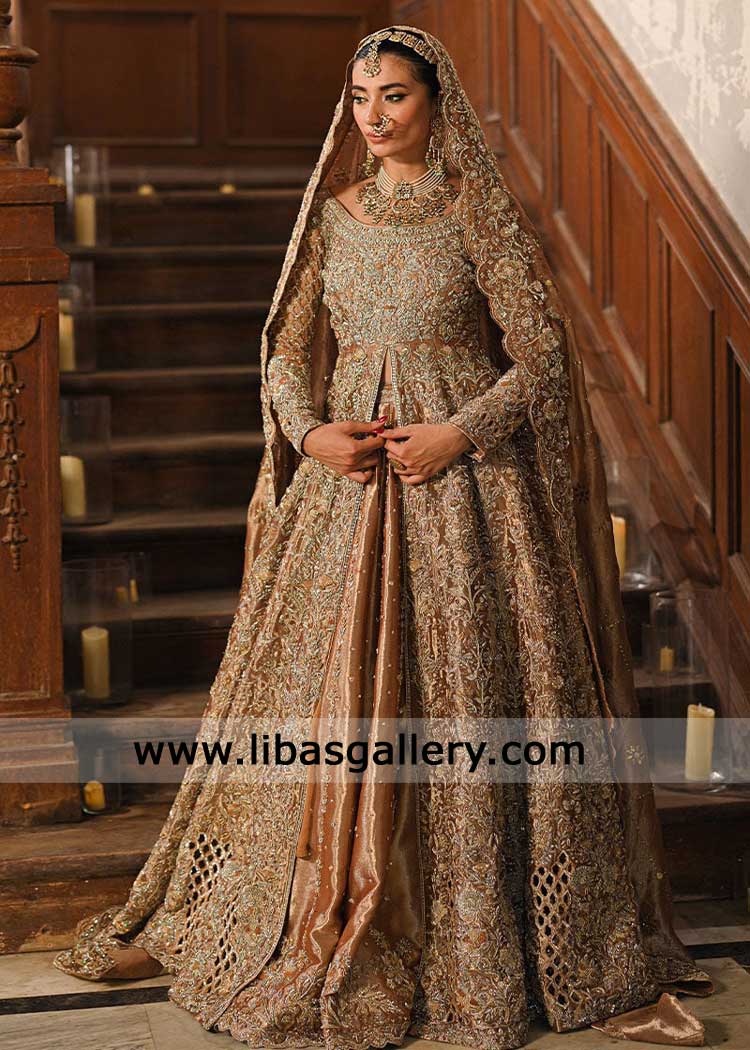 Antique Gold Hand Embellished Bridal Gown and lehenga for Walima Antique Gold Hand Embellished Bridal Gown and lehenga for Walima