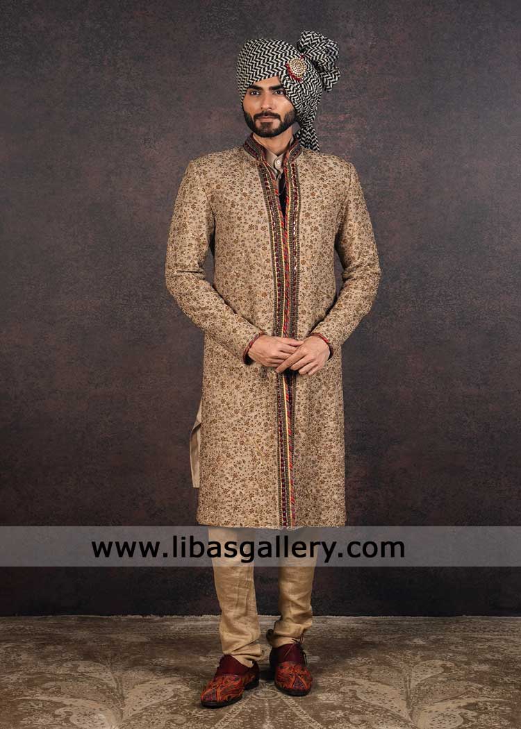 Antique Gold Royal Groom Sherwani with hand work- Wedding Sherwani styles for modern grooms London UK Antique Gold Royal Groom Sherwani with hand work- Wedding Sherwani styles for modern grooms London UK