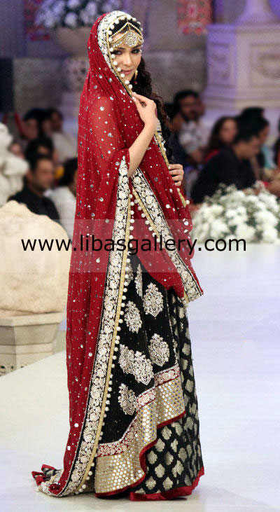 red and black bridal lehenga