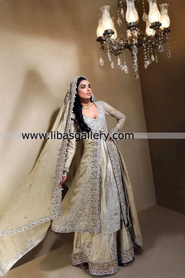 Pakistani Designer Anarkali Shirt with sharara for women nikah barat with silver gold hand embellishment on peshwas dupatta border sharara hem UK USA Canada Pakistani Designer Anarkali Shirt with sharara for women nikah barat with silver gold hand embellishment on peshwas dupatta border sharara hem UK USA Canada