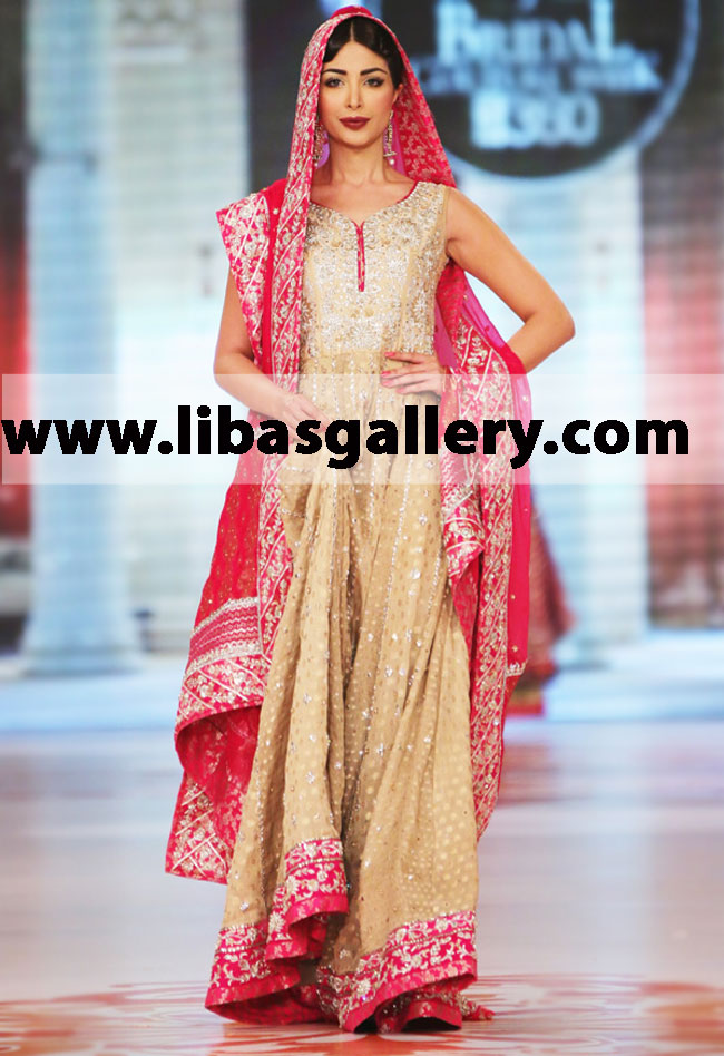 Zaheer Abbas Latest Evening Bridal Wear 2014 in Banarsi Jamawar Chiffon with Lavishing Embroidery PBCW 2014 Style 360 Pakistani Magazine Fashion Show, Indo-Western Bridal Dresses Leeds City UK Bridal Wear