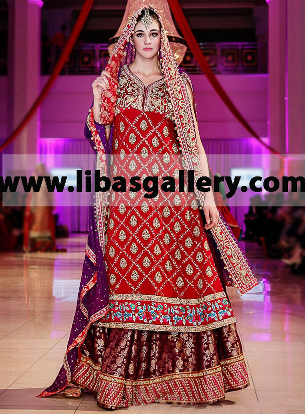 Red wedding lehenga dress by Sana Abbas IBFJW 2014, round neck, heavy embellished bridal shirt with bridal lehenga and bridal dupatta Buy Sana Abbas IBFJW 2014 bridal lehengas and wedding lehngas collection. Latest pakistani wedding lehenga choli by Sana 
