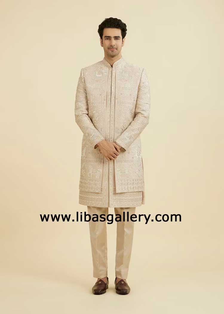 Beige imperial embroidered wedding sherwani for groom with sequins stones hand work 