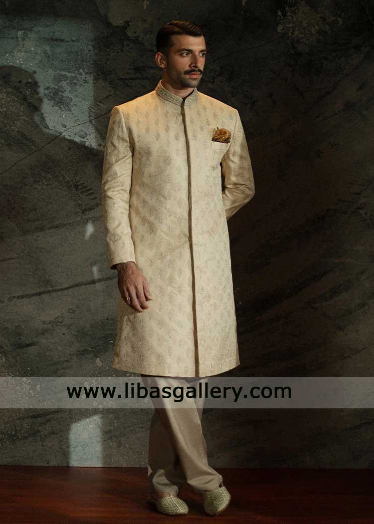 Jamawar beige embroidered sherwani for groom New york USA Jamawar beige embroidered sherwani for groom New york USA
