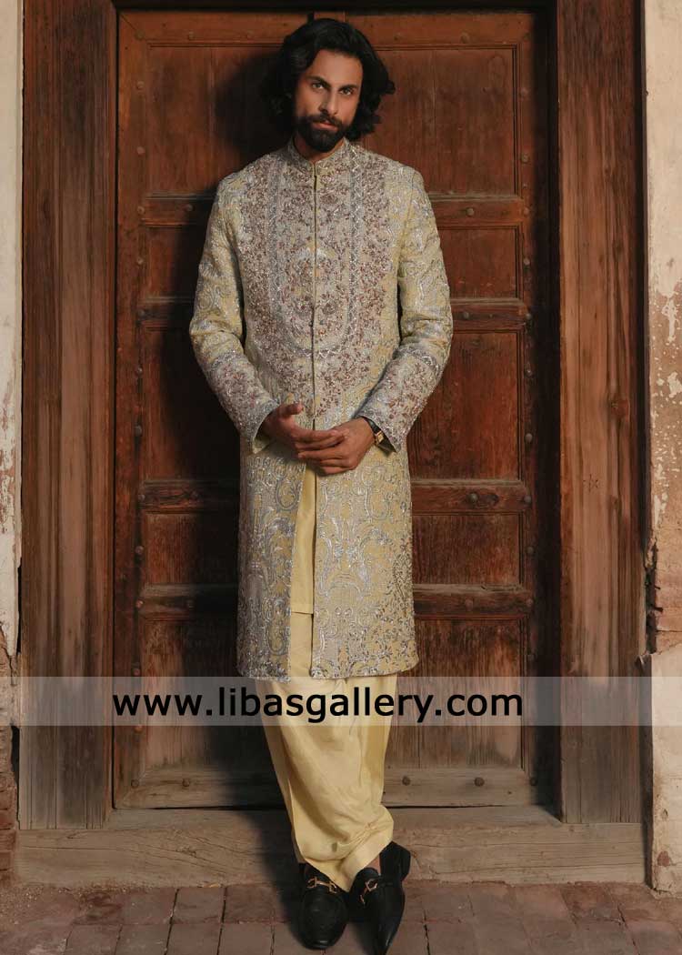 Luxury Beige Embroidered Groom Sherwani for Nikah & Barat – Latest Pakistani Wedding Style UK USA Canada Luxury Beige Embroidered Groom Sherwani for Nikah & Barat – Latest Pakistani Wedding Style UK USA Canada