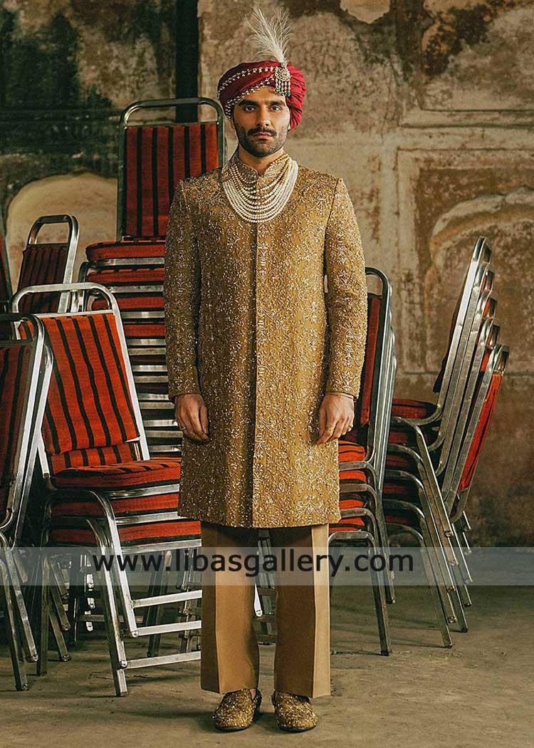 Groom beige hand embroidered Chicago USA Sherwani Style Groom beige hand embroidered Chicago USA Sherwani Style