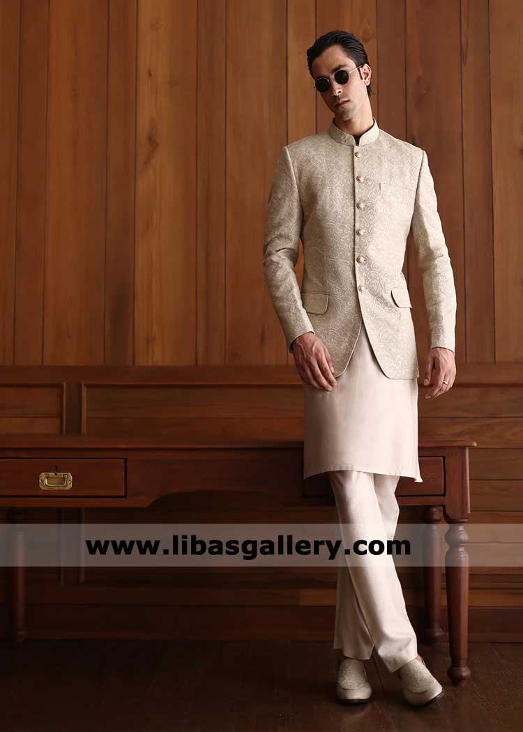 Luxury Beige embroidered prince coat with inner suit for groom wedding purpose and occasion Dubai Sharjah Abu dhabi UAE