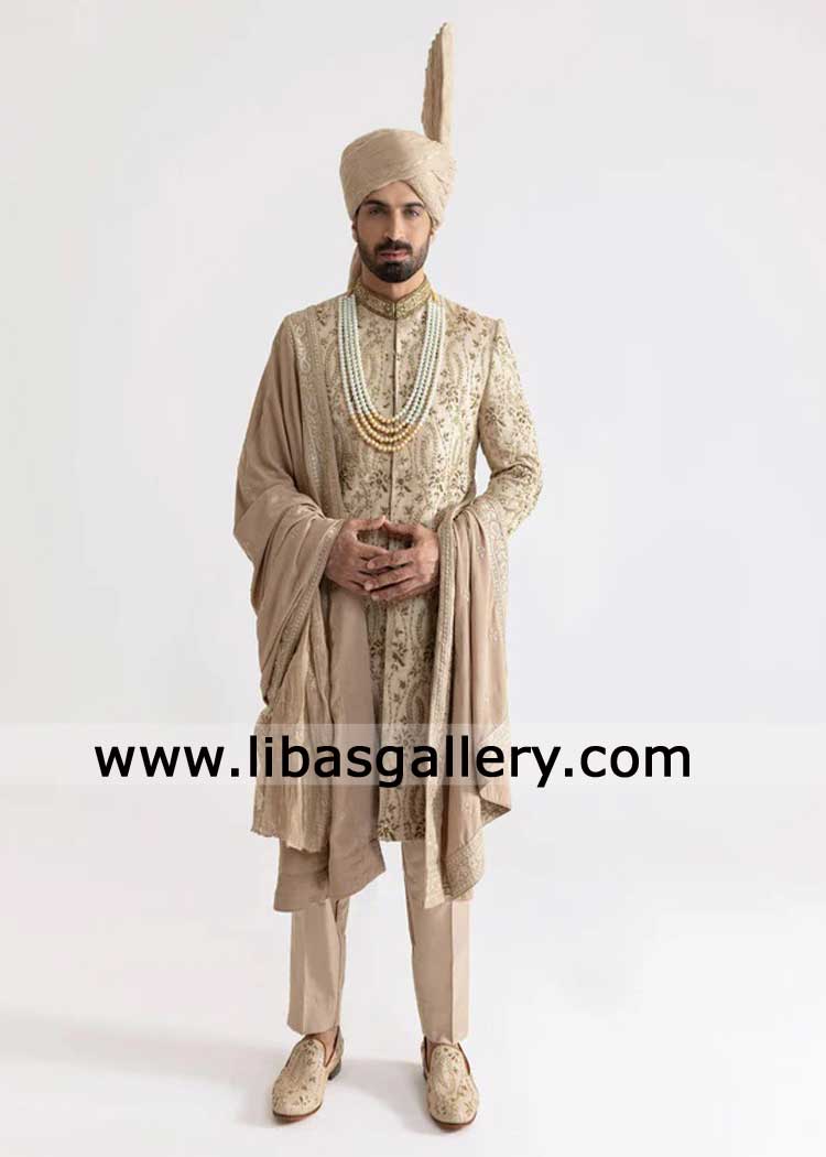 Groom Sherwani for Nikah barat in Beige with hand embellishment by kora dabka paired with mala turban khussa shawl Birmingham Illinois Ontario Groom Sherwani for Nikah barat in Beige with hand embellishment by kora dabka paired with mala turban khussa shawl Birmingham Illinois Ontario