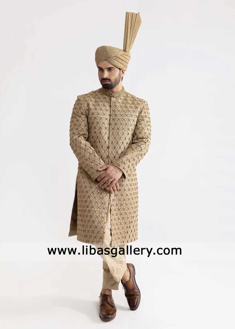 Beige ornate hand embroidered groom nikah sherwani- Luxury Groom wear with Jamawar Shawl and Kulla UK Beige ornate hand embroidered groom nikah sherwani- Luxury Groom wear with Jamawar Shawl and Kulla UK