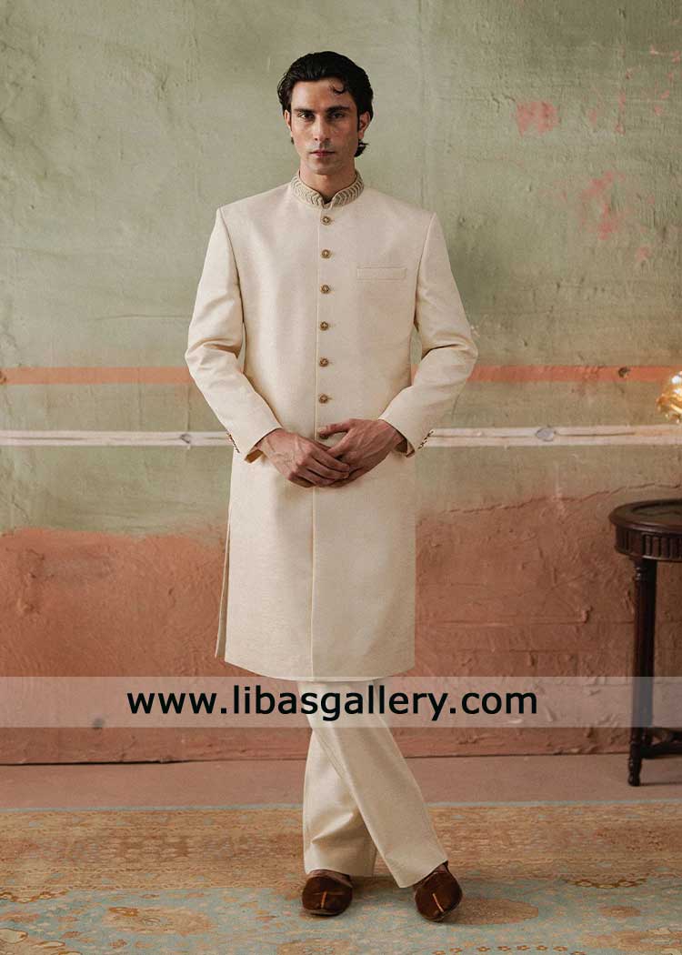 Regal Beige Jamawar Sherwani for Groom – Nikah Wear for Men Regal Beige Jamawar Sherwani for Groom – Nikah Wear for Men
