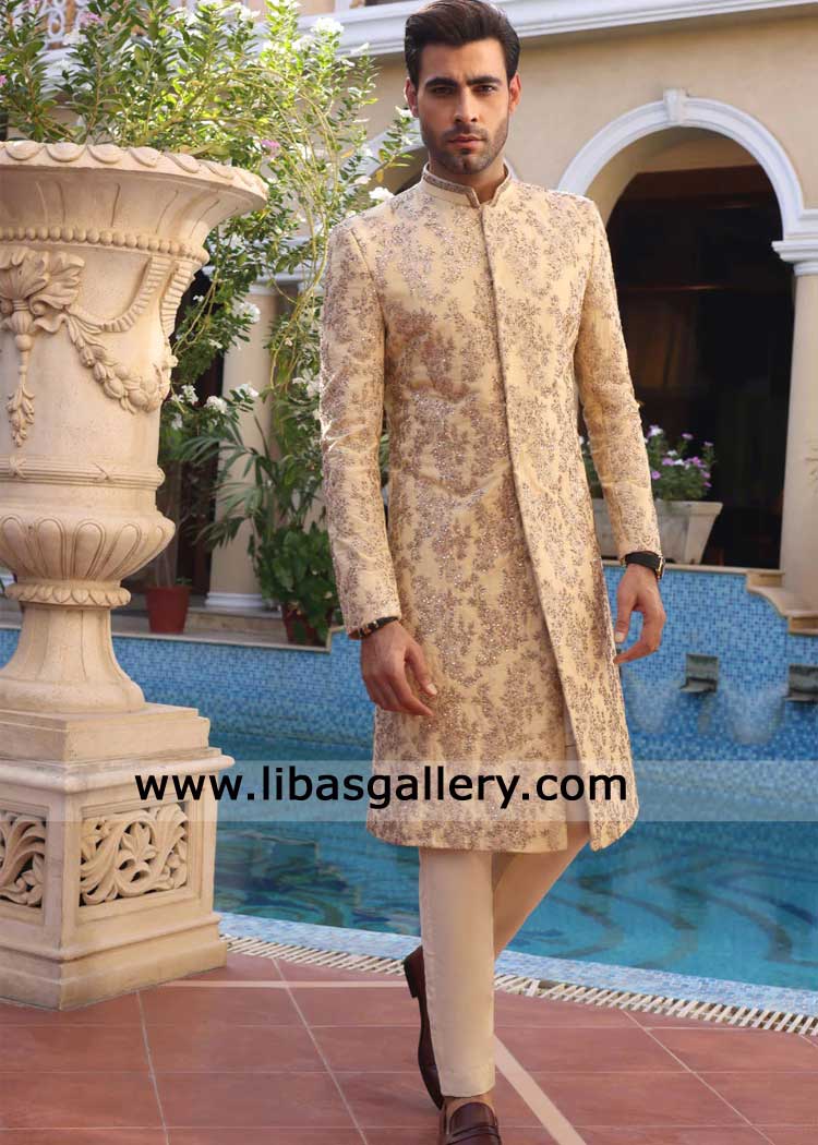 Imperial Beige Hand-Embroidered Sherwani-Latest Royal Groom Wear for Nikah Barat look Imperial Beige Hand-Embroidered Sherwani-Latest Royal Groom Wear for Nikah Barat look