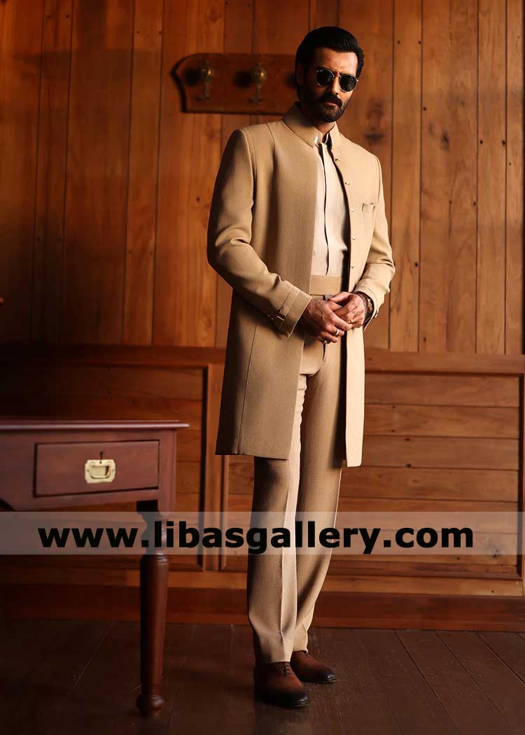 open style modern pattern sherwani in beige color for men wedding big day paried with pants London California Toronto Perth Dubai 