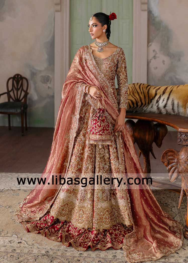 Bridal peshwas berry red with farshi lehenga hand embellished for Nikah wedding