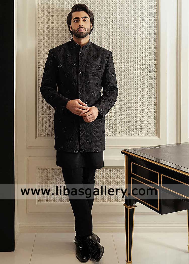 Black Embroidered Groom Wedding Sherwani Short length with Hand embellishment and matching inner suit Virginia Arizona  Kentucky USA