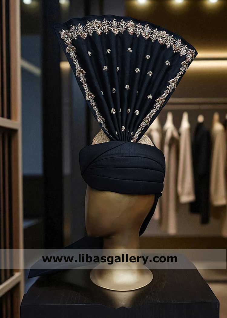 Black Kulla with embroidery on fan by thread to decorate nicely for Groom nikah day available to deliver fast worldwide UK USA Canada dubai Australia