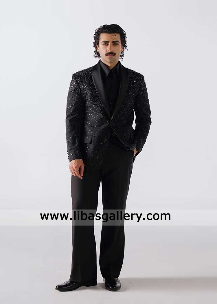 jet-black Tuxedo suit in subtle striking embellishment for men | tuxedo