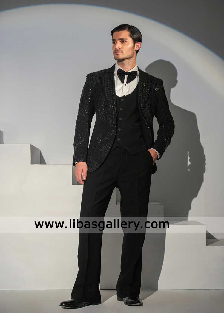 High Quality Men embroidered Tuxedo 3pc in Black USA | Tuxedo Suit