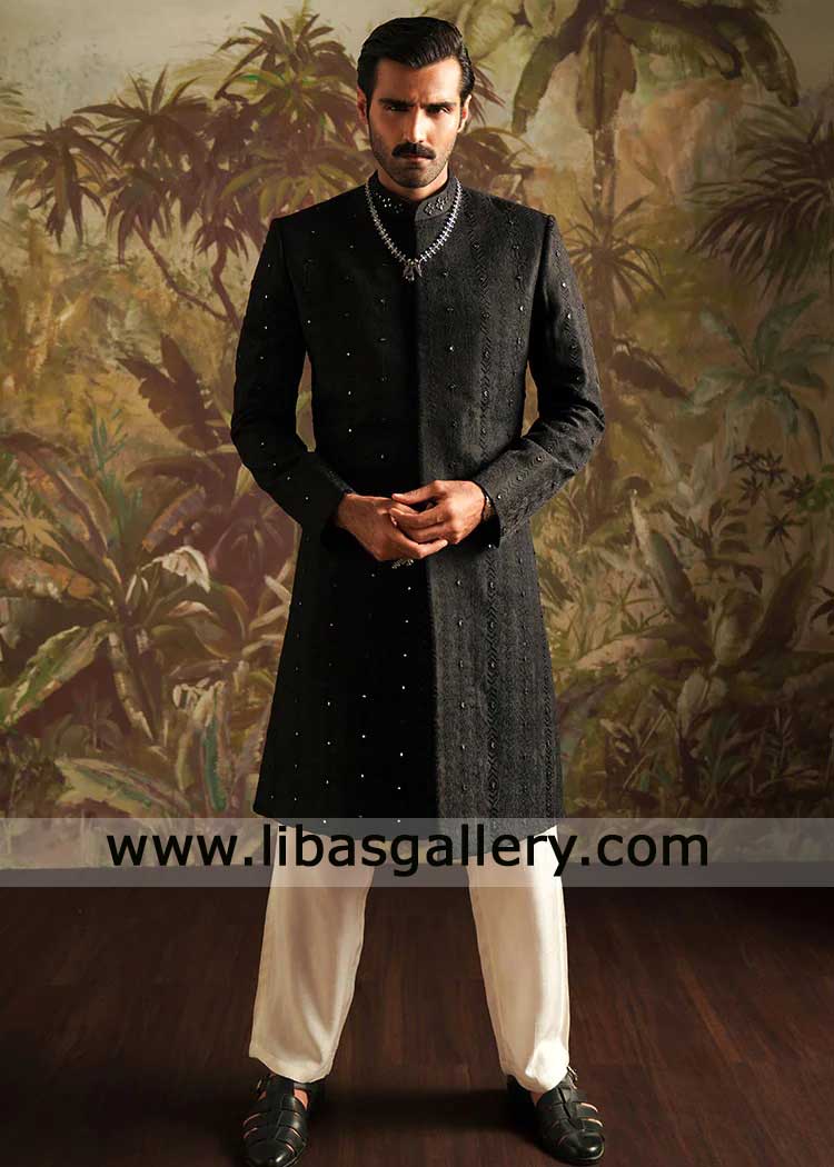 Wedding Sherwani black with mirror hand work details Phoenix USA Groom Nikah Sherwani with hand embroidery Dubai UAE Wedding Sherwani black with mirror hand work details Phoenix USA Groom Nikah Sherwani with hand embroidery Dubai UAE