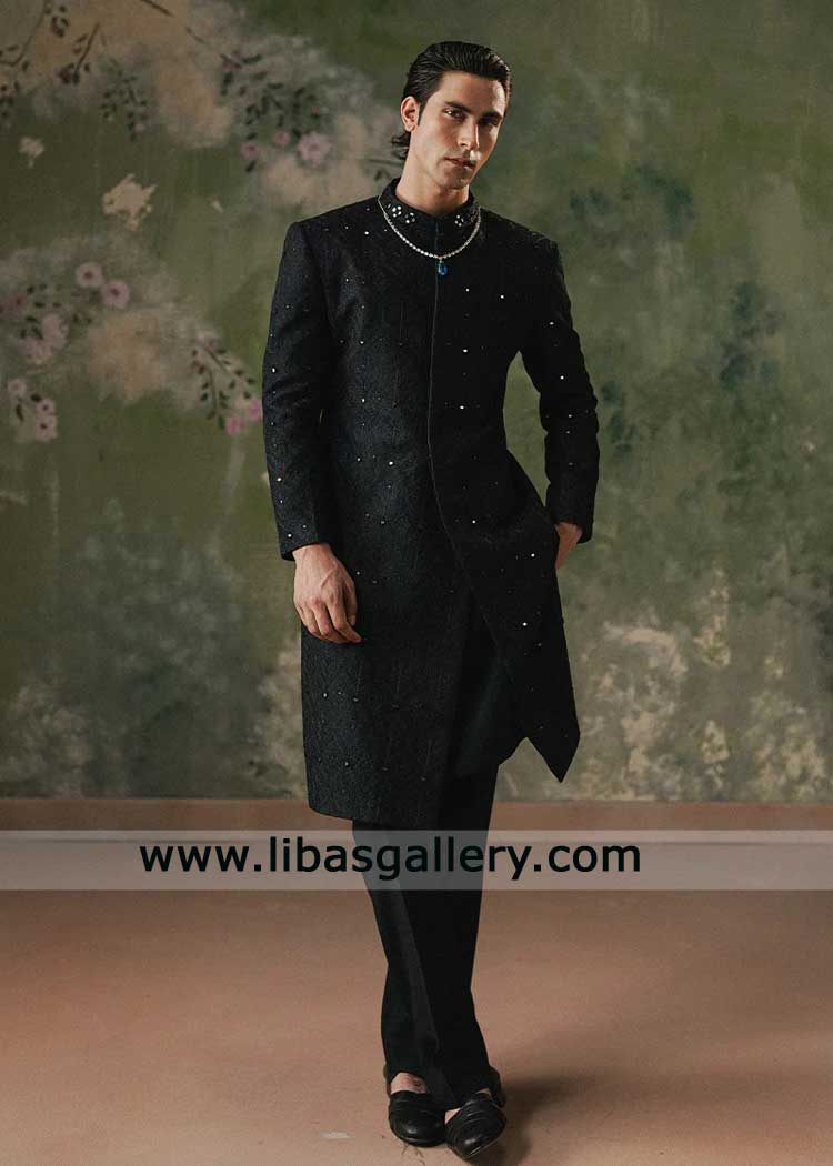 Designer Black Jamawar Sherwani with Floral Embroidery & Mirror Collar-Sherwani with matching inner Designer Black Jamawar Sherwani with Floral Embroidery & Mirror Collar-Sherwani with matching inner