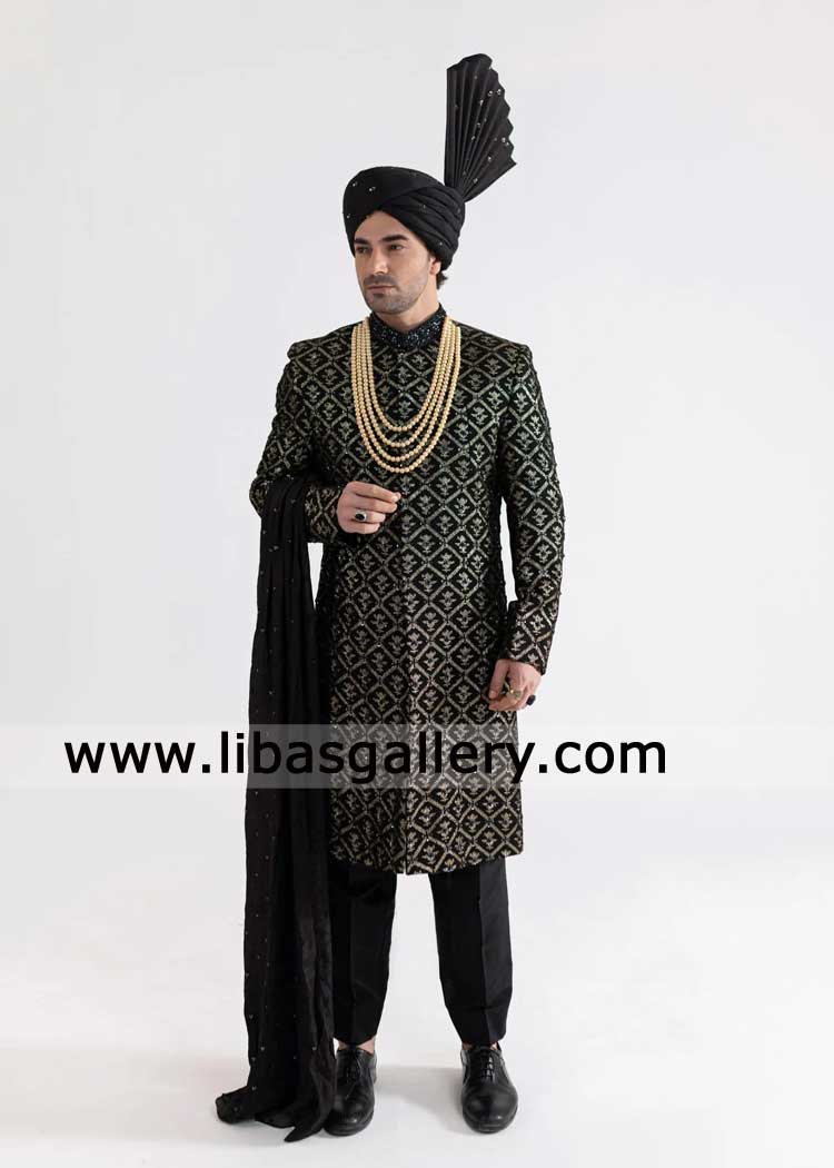 Groom wedding sherwani black with gold hand embellishment paired with black turban khussa and shawl for Nikah Perth London Montreal Sugarland Groom wedding sherwani black with gold hand embellishment paired with black turban khussa and shawl for Nikah Perth London Montreal Sugarland