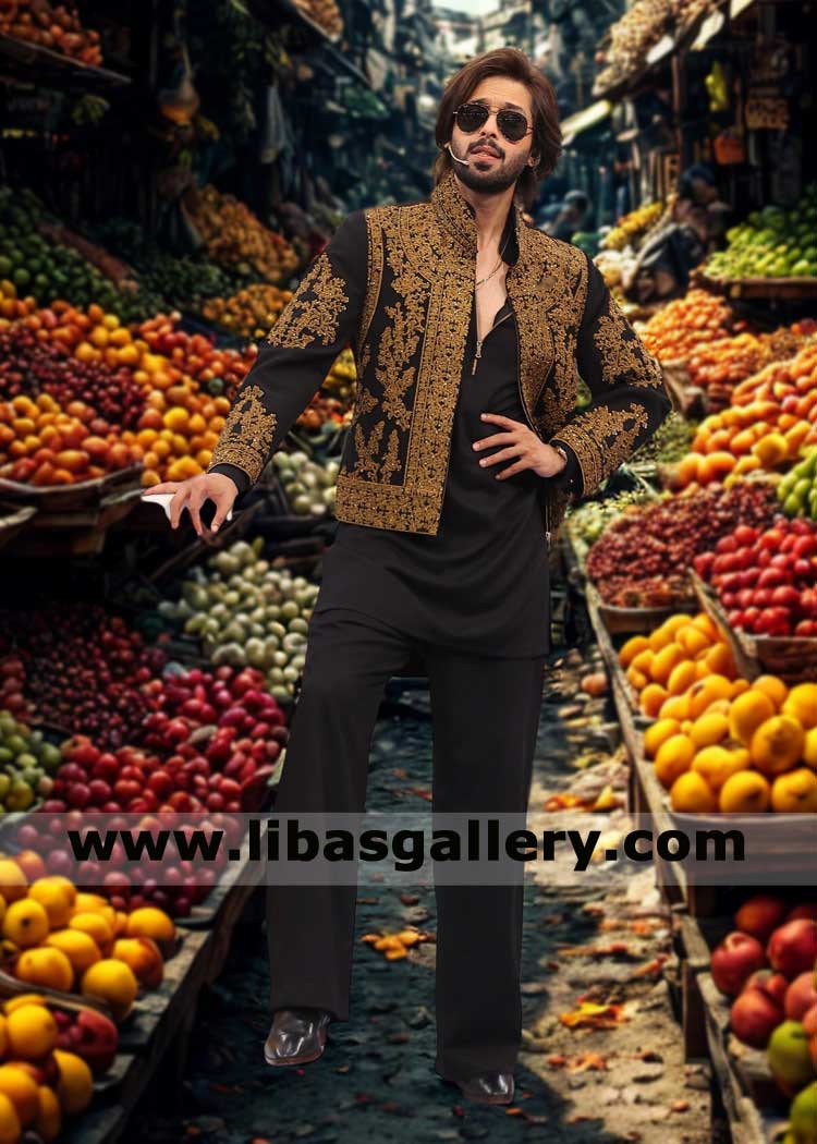 Prince coat black with gold hand embellishment heavy volume on front panels sleeves and Collar UK USA Canada Dubai Australia