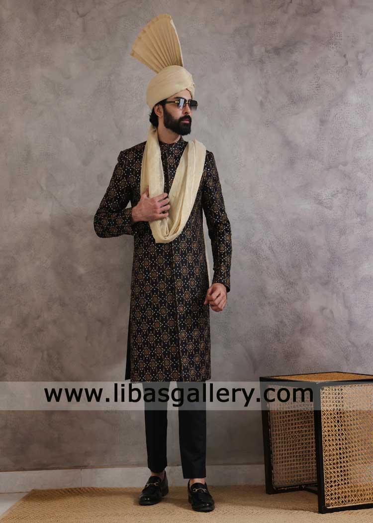 Black Embroidered Groom Wedding Sherwani Florida Sherwani with Inner suit and Turban Vancouver Latest Black Embroidered Wedding Sherwanis Black Embroidered Groom Wedding Sherwani Florida Sherwani with Inner suit and Turban Vancouver Latest Black Embroidered Wedding Sherwanis