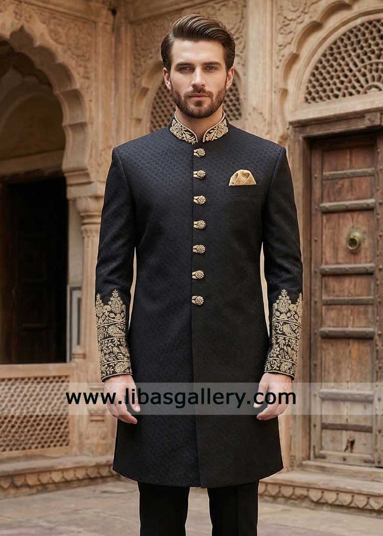 Black Wedding Sherwani with Gold Zardozi Work for Groom USA