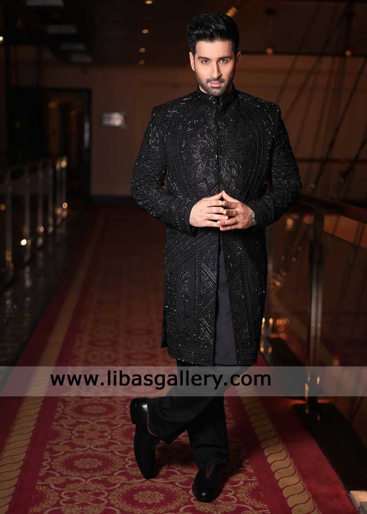 Imperial Black Sherwani with Intricate Hand Embellishments-Traditional Black Wedding Sherwani hand embroidered for Nikah Imperial Black Sherwani with Intricate Hand Embellishments-Traditional Black Wedding Sherwani hand embroidered for Nikah