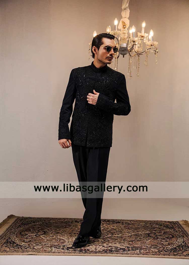 Pakistani Black Heavy Embroidered Prince coat Dubai UAE | Wedding Wear Pakistani Black Heavy Embroidered Prince coat Dubai UAE | Wedding Wear