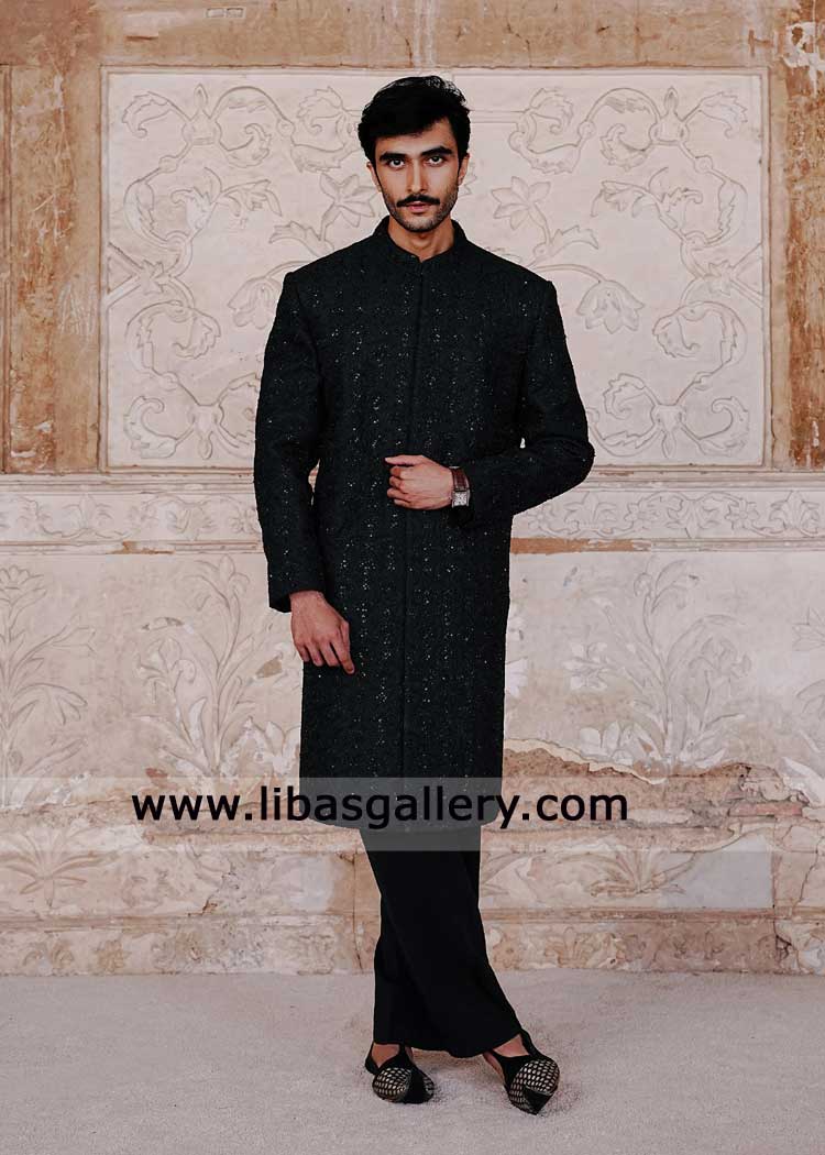 black hand embellished intricate groom wedding sherwani for nikah