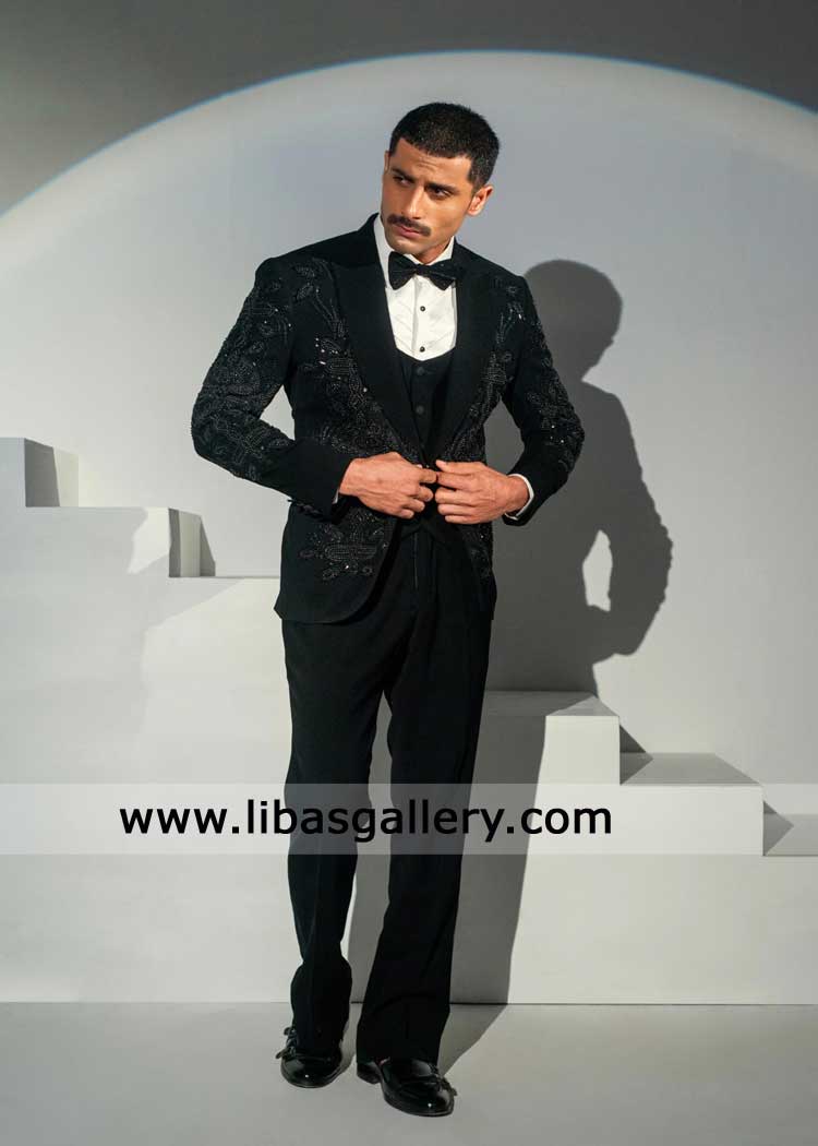 Gentleman Black Tuxedo embroidered LA USA in premium fabric | Wedding 