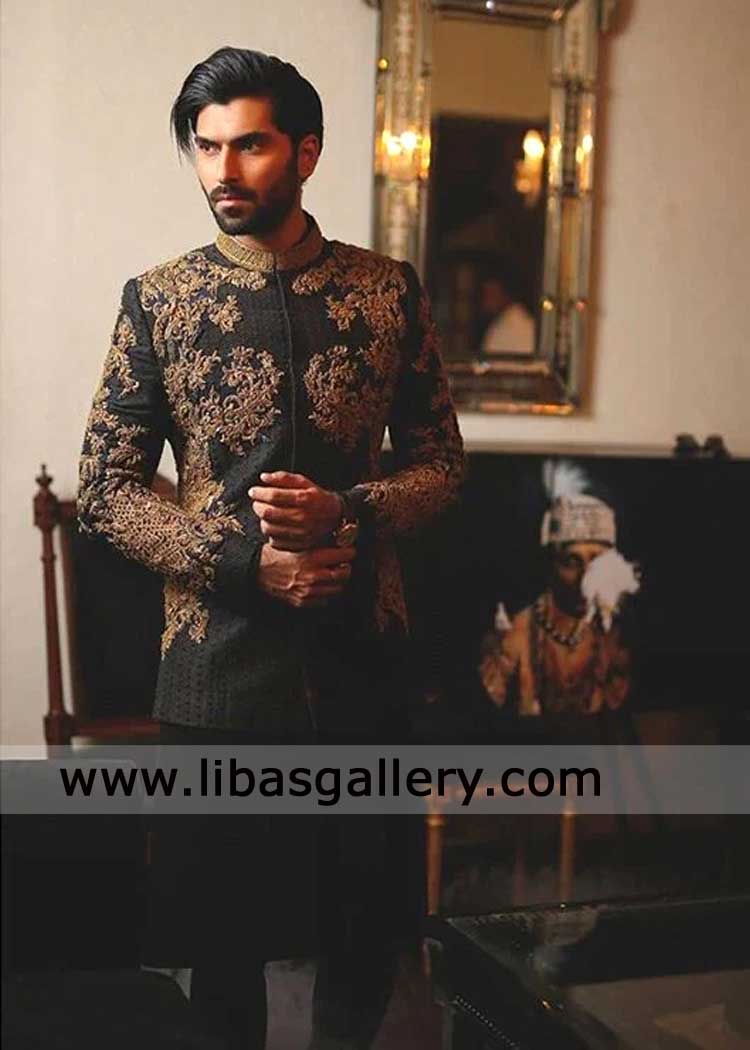 Black oxidized prince coat with gold hand embellishment on contemporary silhouette buy Groom prince coat in UK USA Canada Dubai Australia