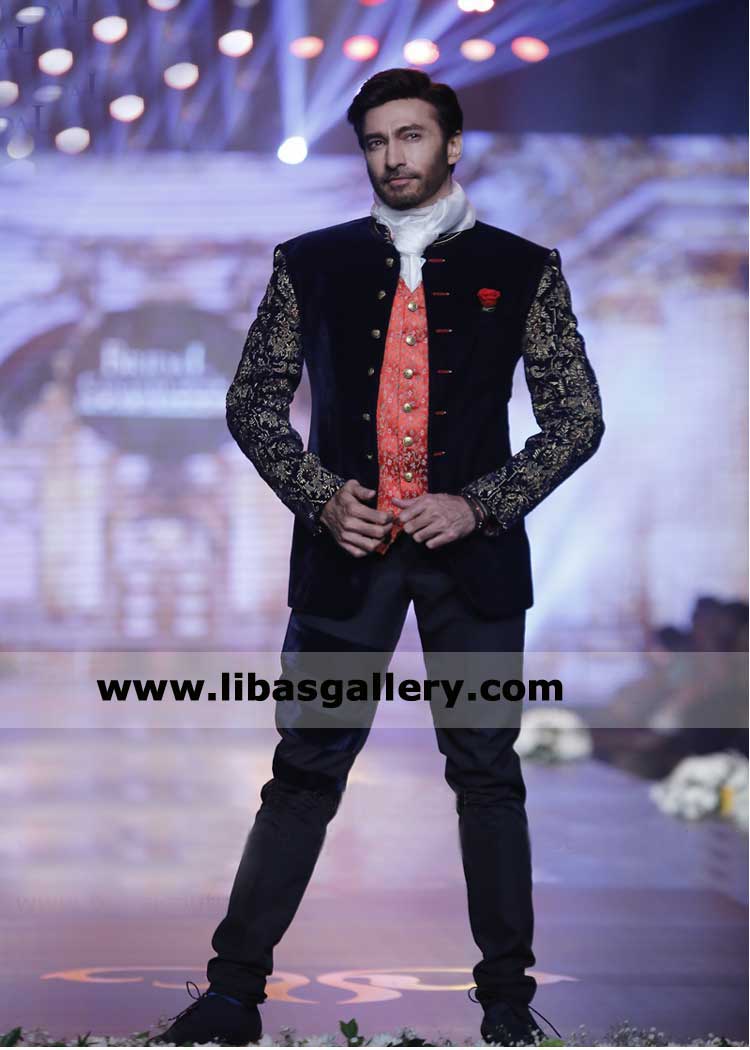 velvet black prince coat with inner vest gold metal buttons paired with muffler and pants ideal for Nikah Barat Wedding UK USA Canada Dubai Australia
