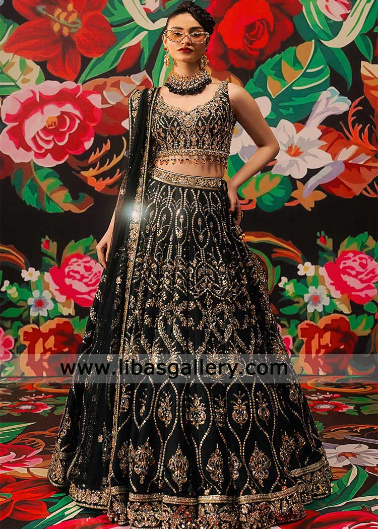 Black hand embroidered lehenga choli gold silver intricate embroidery Black hand embroidered lehenga choli gold silver intricate embroidery