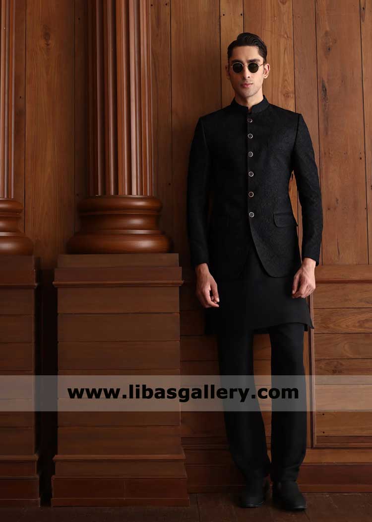 Black self heavy embroidered groom wedding prince coat design paired with matching trouser and kurta New York City Houston California USA