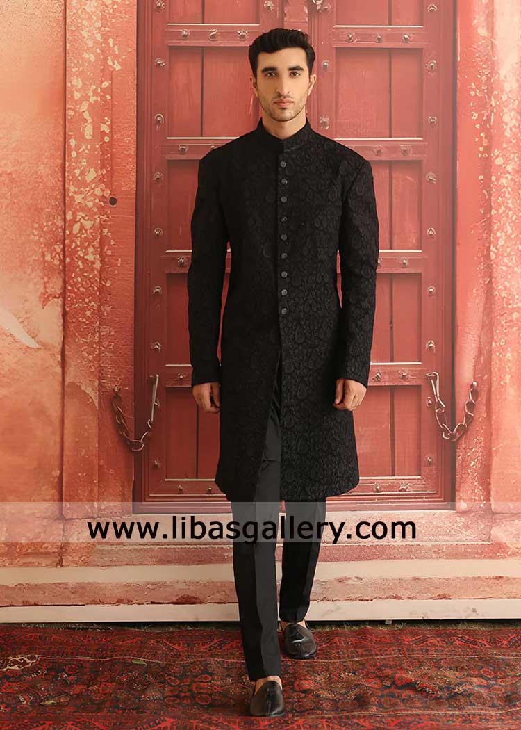 Jet Black self embroidered sherwani for groom formal occasion and wedding paired with matching inner Abu Dhabi Tucson Coventry Perth Vancouver Jet Black self embroidered sherwani for groom formal occasion and wedding paired with matching inner Abu Dhabi Tucson Coventry Perth Vancouver