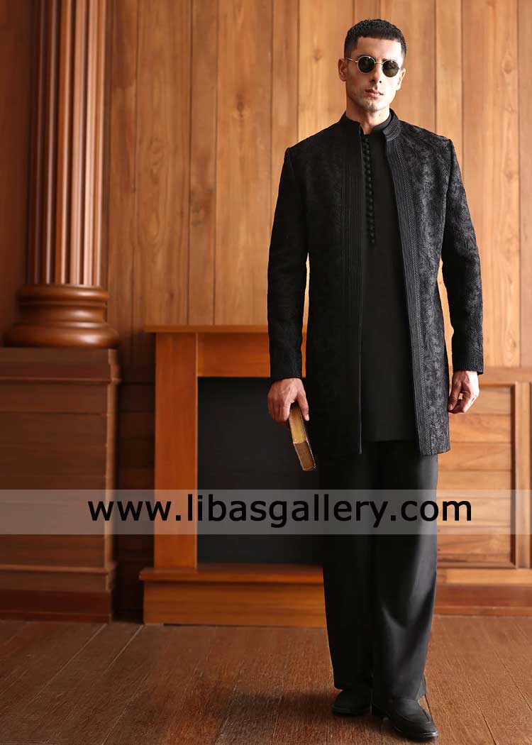 jet Black self embroidered groom prince coat open style for engagement and mehndi event celebrations Brooklyn Illinois Dubai Perth Mississauga