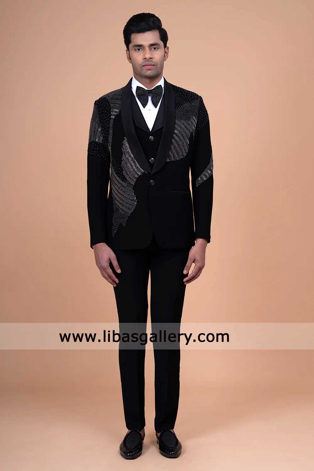 Luxury Black Hand embellished Tuxedo Suit in Velvet by Linear Stone and Bead Work