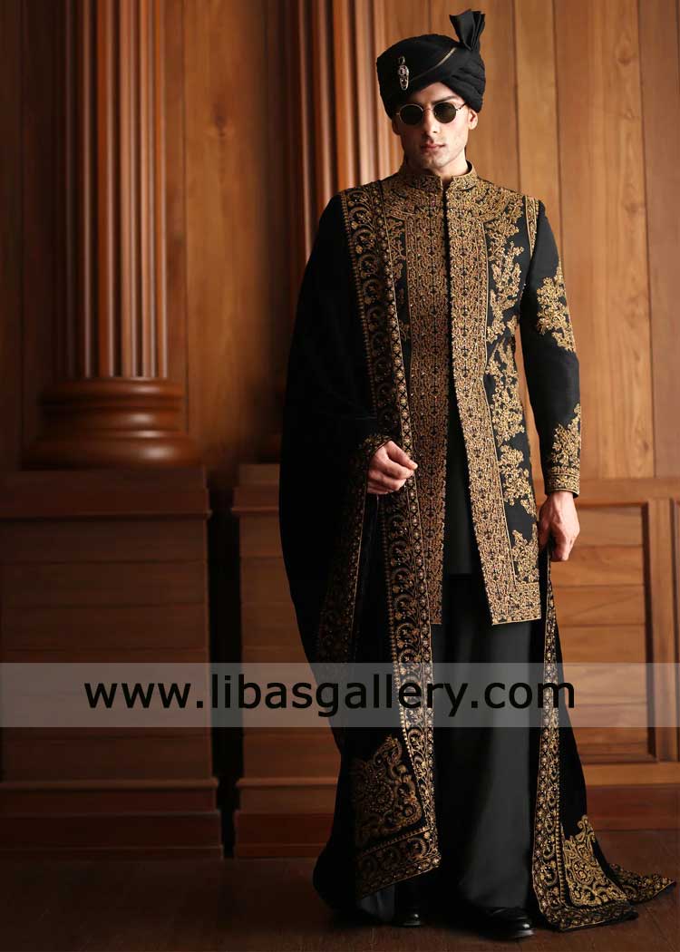 Black heavy embroidered Short Length Groom Sherwani with inner shawl turban shoes, Antique gold work sherwani black Birmingham Toronto Dubai