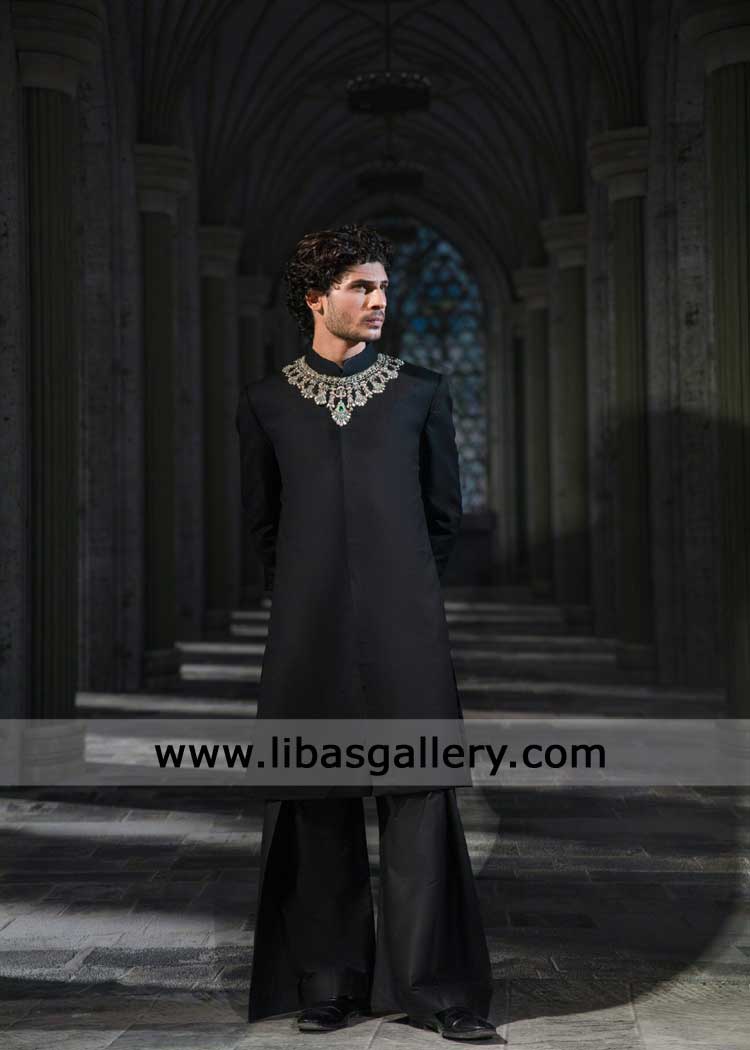 black plain stylish suiting fabric Pakistani sherwani for men USA black plain stylish suiting fabric Pakistani sherwani for men USA