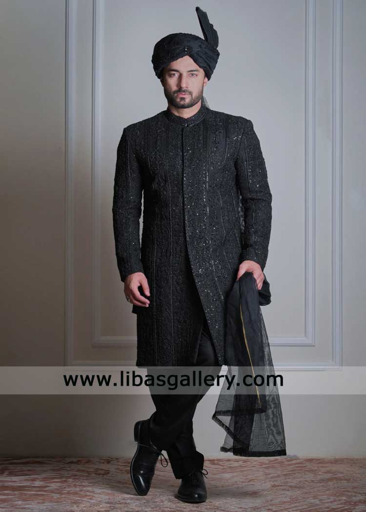 Black to Black Groom Sherwani Single tanka Embroidery with hand embellishment for Nikah Barat look Washington USA Black to Black Groom Sherwani Single tanka Embroidery with hand embellishment for Nikah Barat look Washington USA