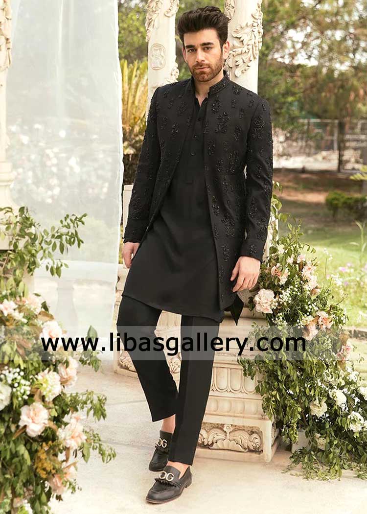 Classic black front open Wedding Jacket for Nikah adorned with black hand embellishment on sleeves front Collar Canada Dubai UK USA Australia
