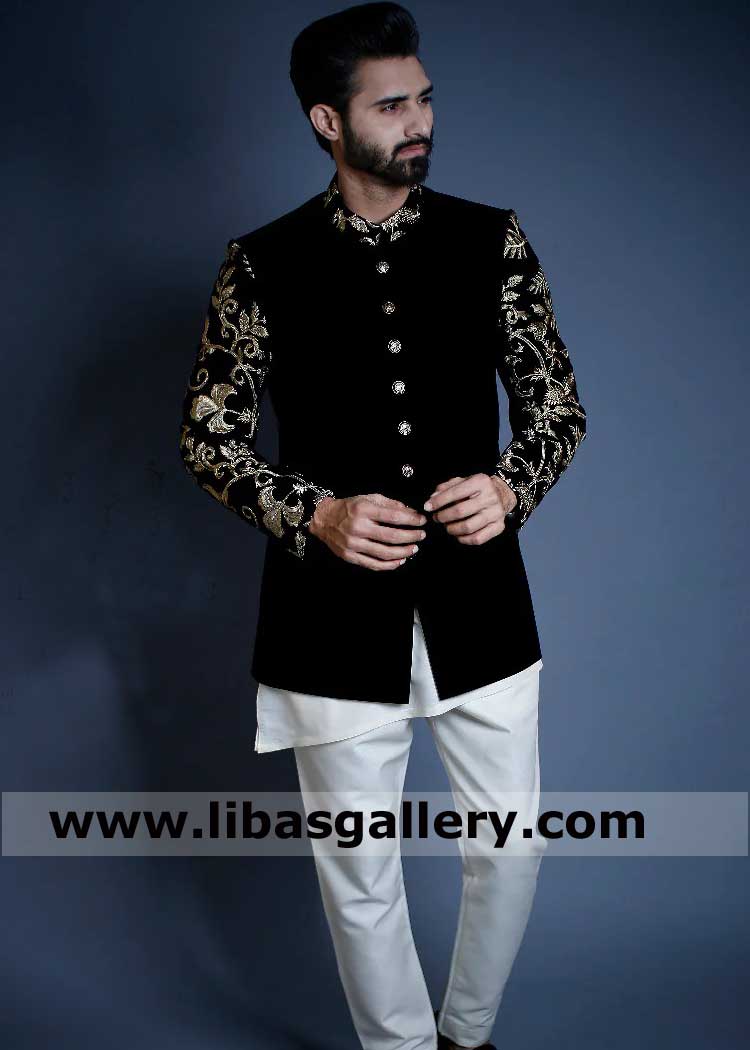 black embroidered prince coat with off white kurta pajama suit, embroidered collar and sleeves prince coat UK USA Canada Dubai Australia