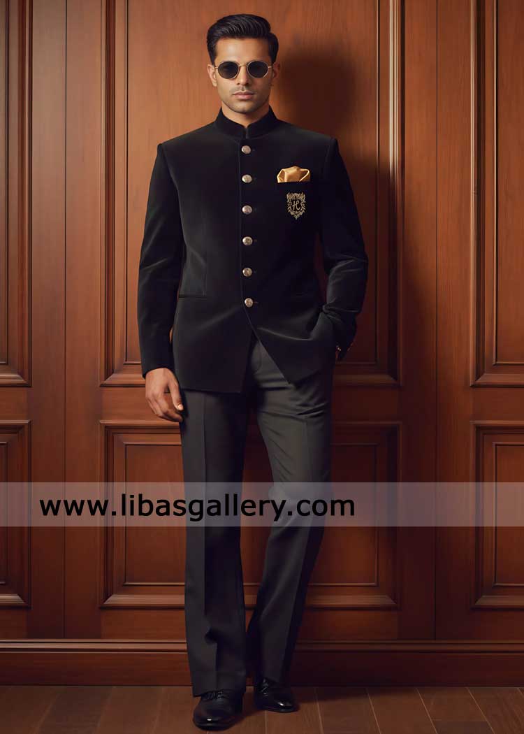 Soft black Velvet prince coat for men occasion with trousers Dubai UAE