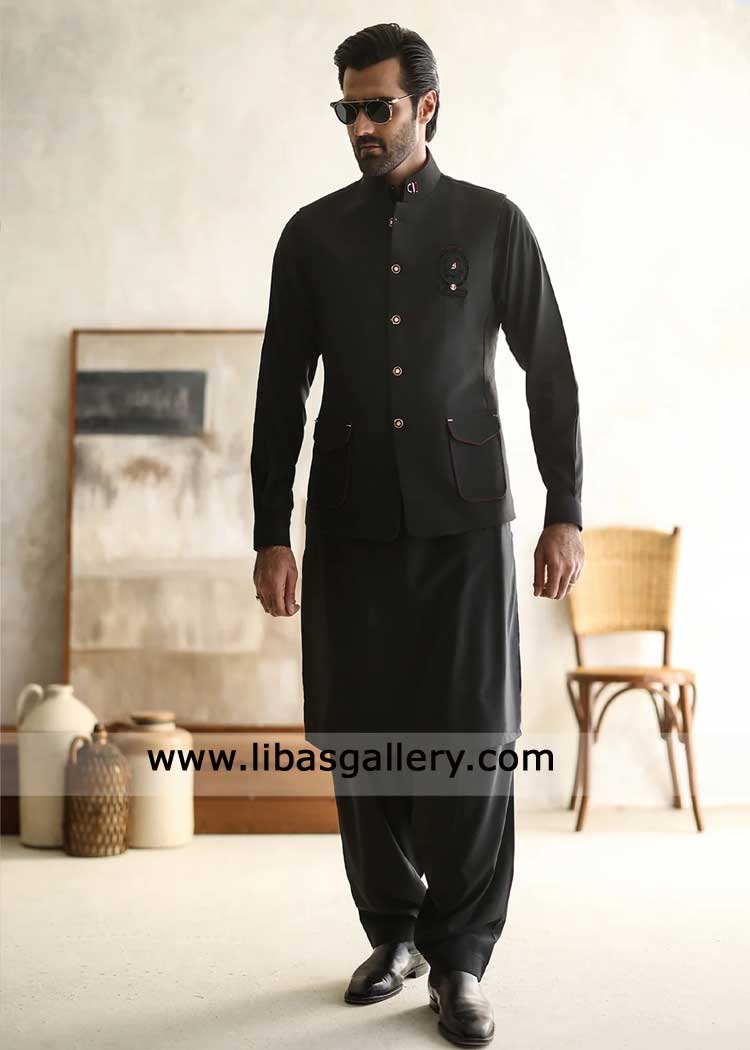 Pakistani Black waistcoat with motif embroidery for men Phoenix USA