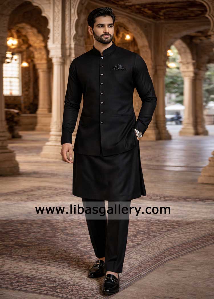 premium jet black Designer waistcoat for men in raw silk Stanford fuse paired with black kurta trouser set stylish Illinois Sydney Dubai Montreal