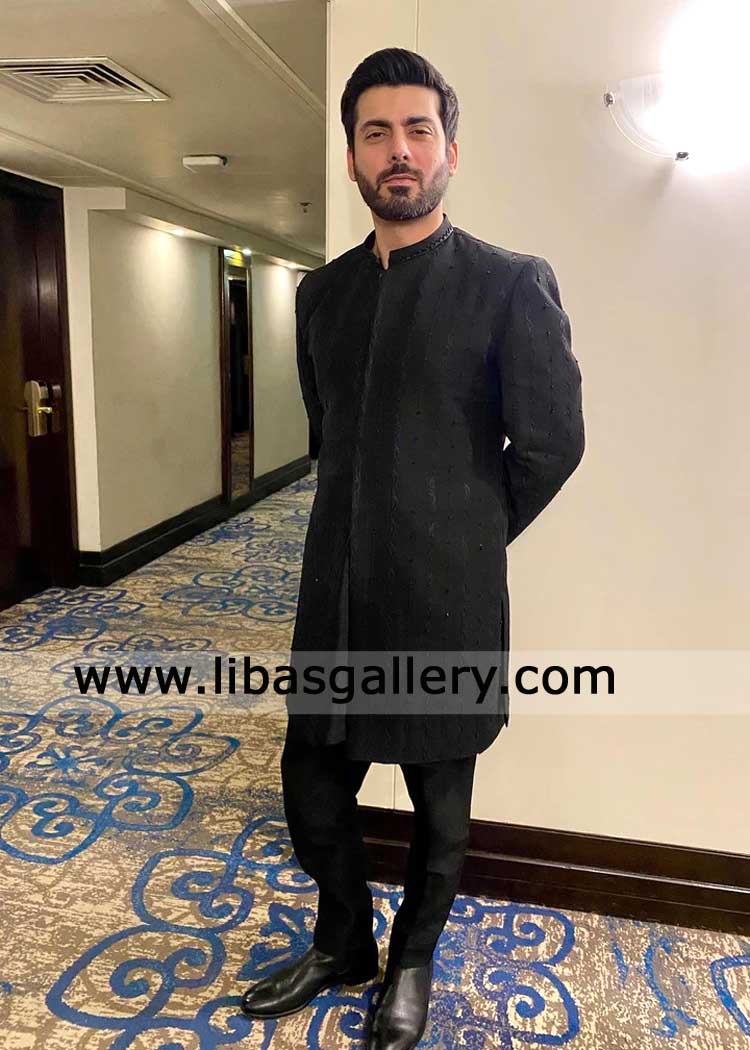 Black Self embroidered Sherwani with Self premium hand work beads crystal paired with inner kurta trousers Sheffield Quebec Perth Delaware Dubai