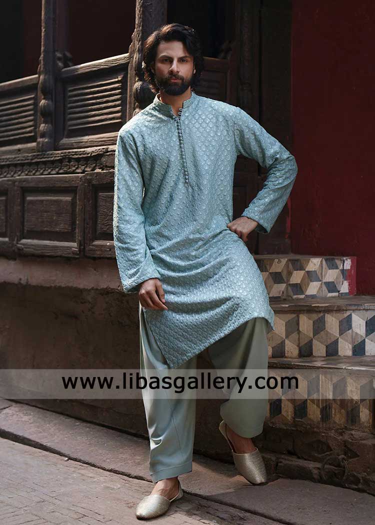 Heritage powder blue embroidered karandi men kurta with plain shalwar set for special occasion and VIP events Phoenix Brisbane Dubai Vancouver Heritage powder blue embroidered karandi men kurta with plain shalwar set for special occasion and VIP events Phoenix Brisbane Dubai Vancouver