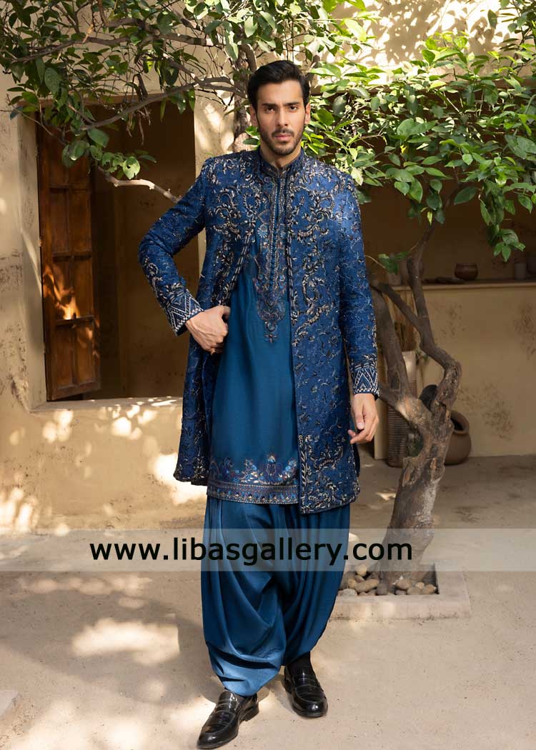 Pakistani Blue wedding Sherwani with intricate embroidery Dubai UAE Pakistani Blue wedding Sherwani with intricate embroidery Dubai UAE